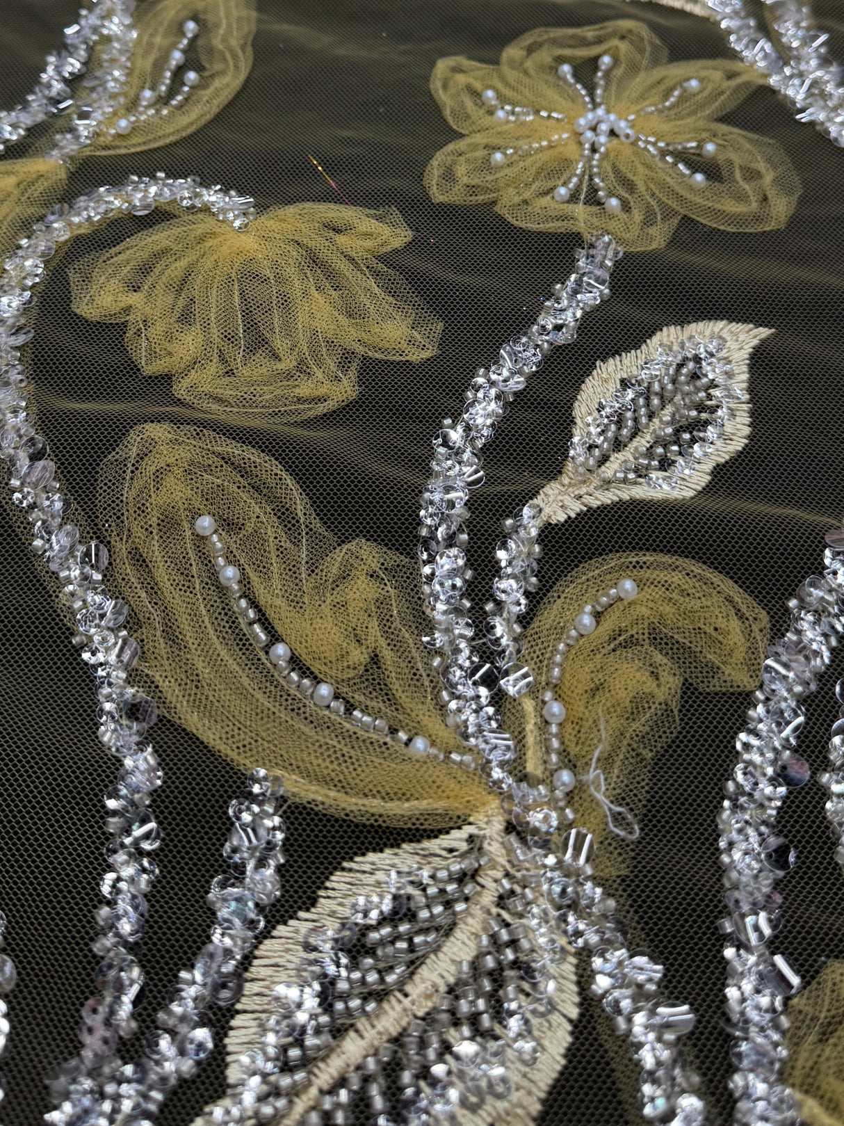 Yellow 3D Floral Tulle Beaded Lace Mesh