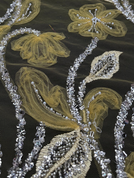 Yellow 3D Floral Tulle Beaded Lace Mesh