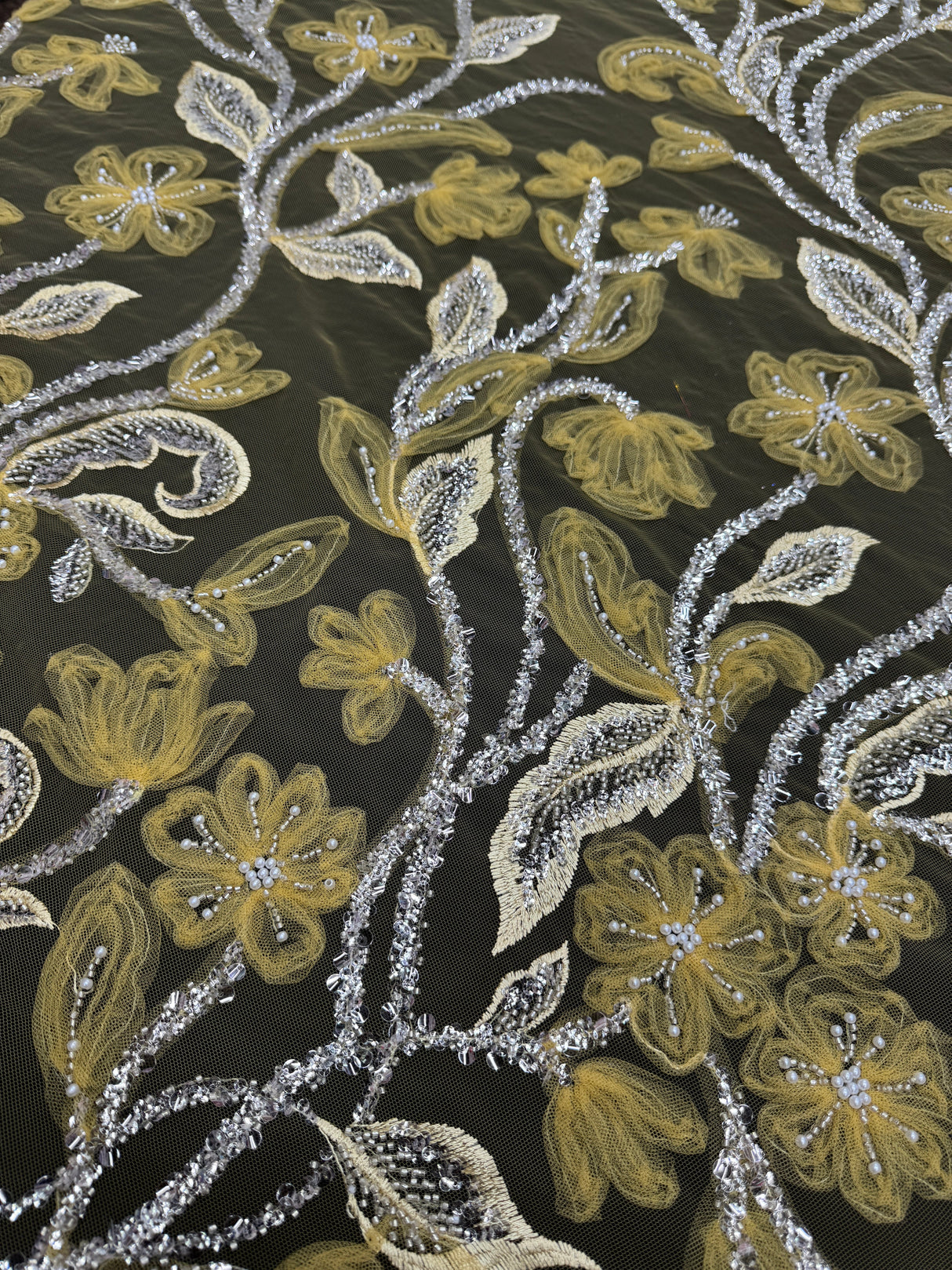 Yellow 3D Floral Tulle Beaded Lace Mesh
