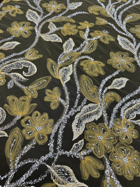 Yellow 3D Floral Tulle Beaded Lace Mesh