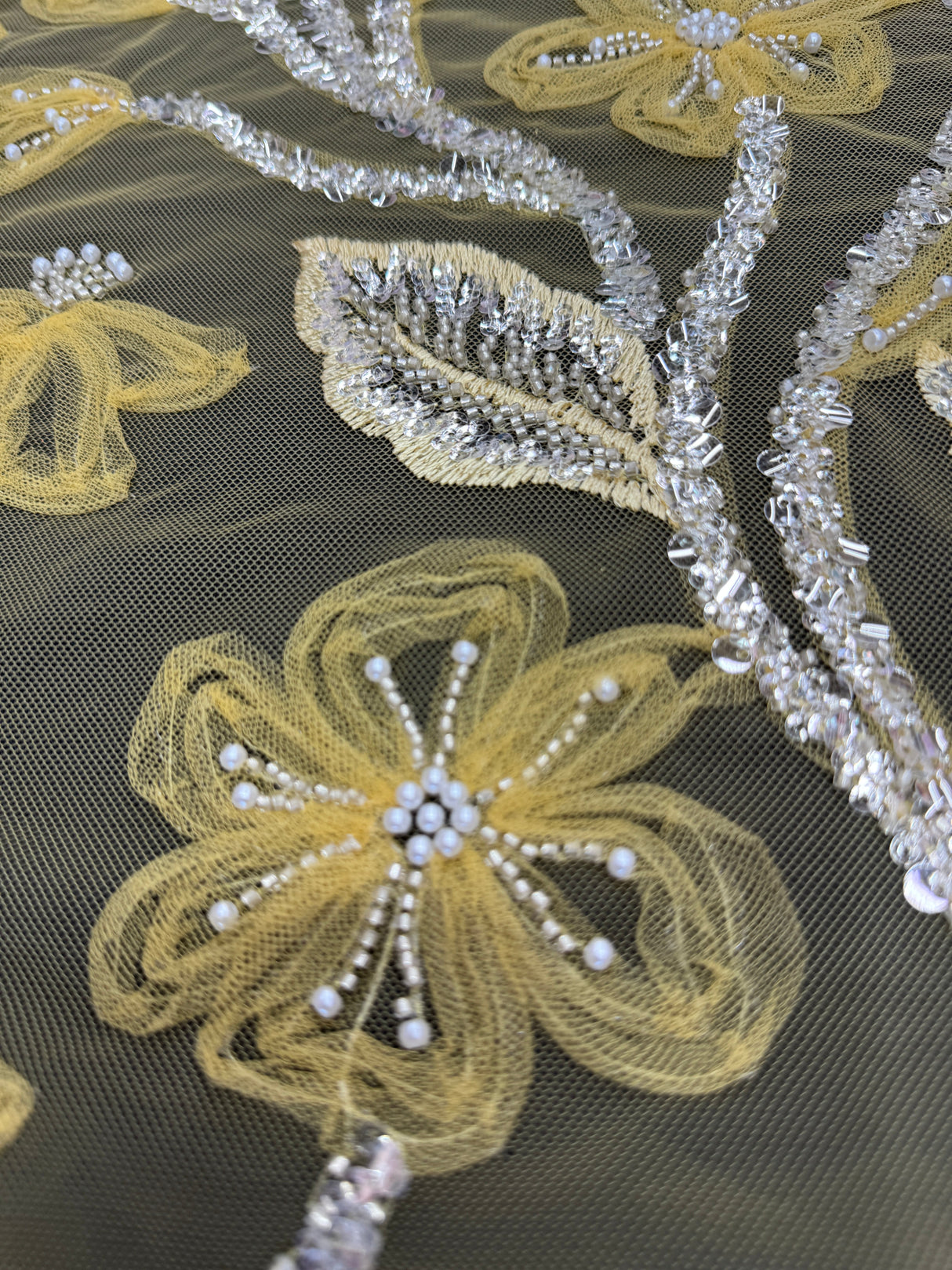 Yellow 3D Floral Tulle Beaded Lace Mesh