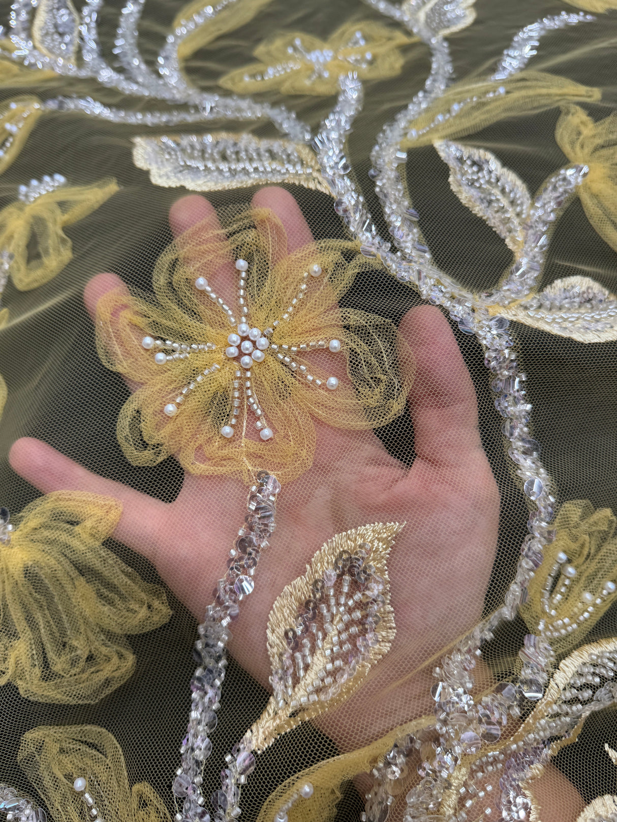 Yellow 3D Floral Tulle Beaded Lace Mesh
