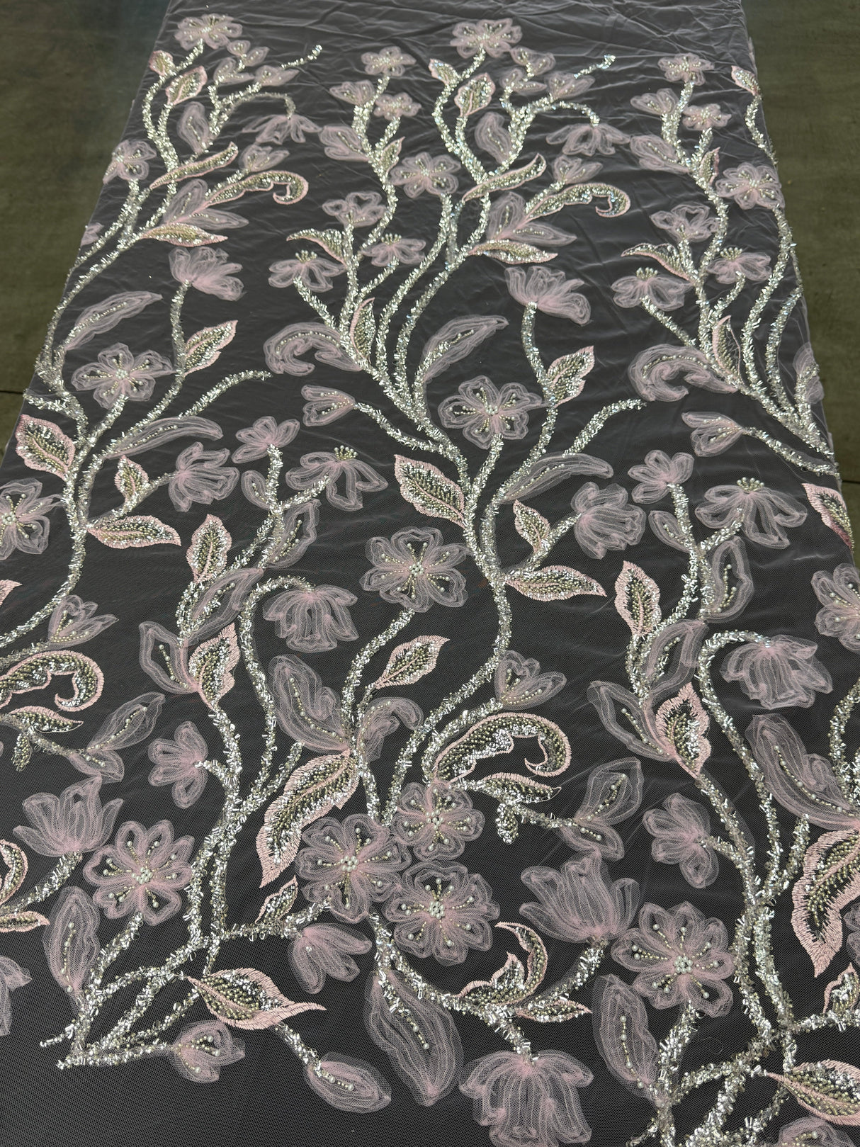 3D Floral Tulle Beaded Lace Mesh Baby Pink