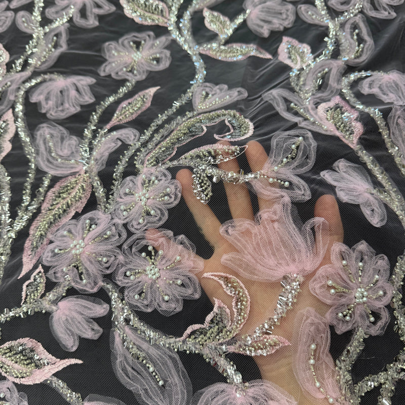 3D Floral Tulle Beaded Lace Mesh Baby Pink