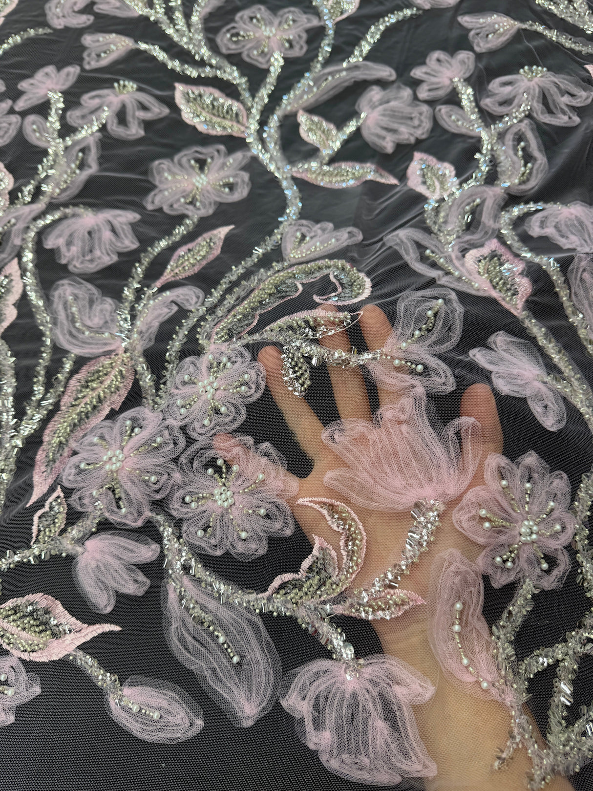3D Floral Tulle Beaded Lace Mesh Baby Pink