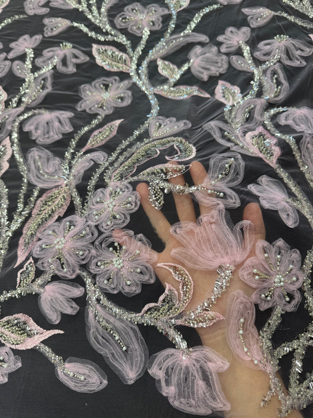 3D Floral Tulle Beaded Lace Mesh Baby Pink