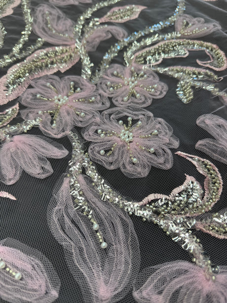 3D Floral Tulle Beaded Lace Mesh Baby Pink
