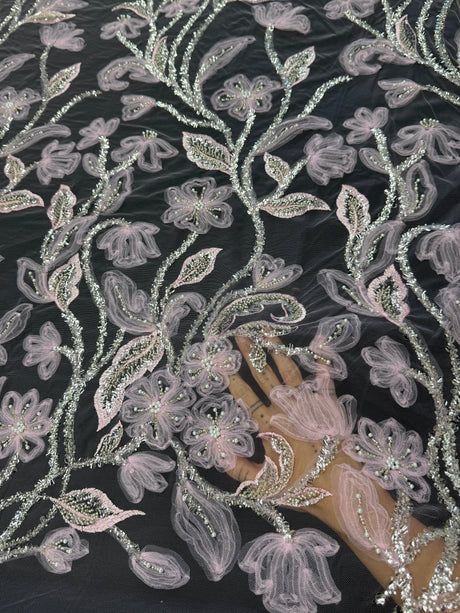 3D Floral Tulle Beaded Lace Mesh Baby Pink