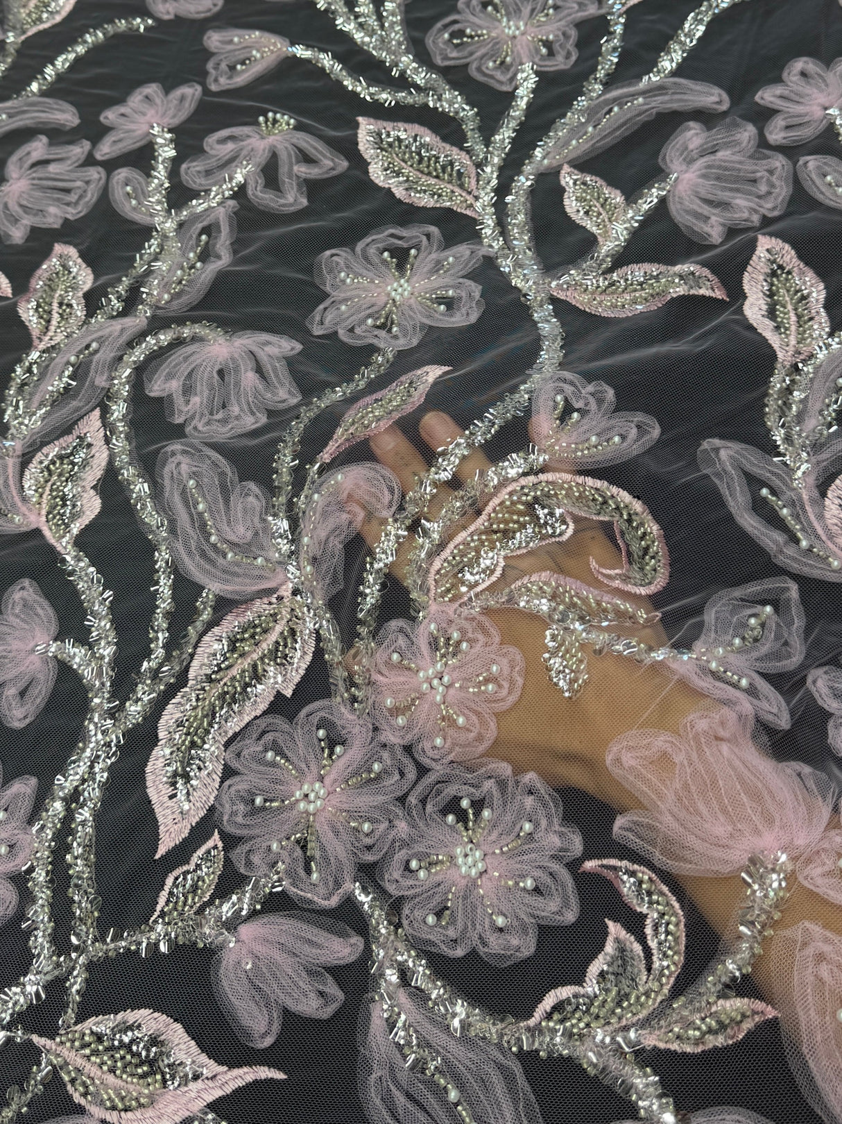 3D Floral Tulle Beaded Lace Mesh Baby Pink