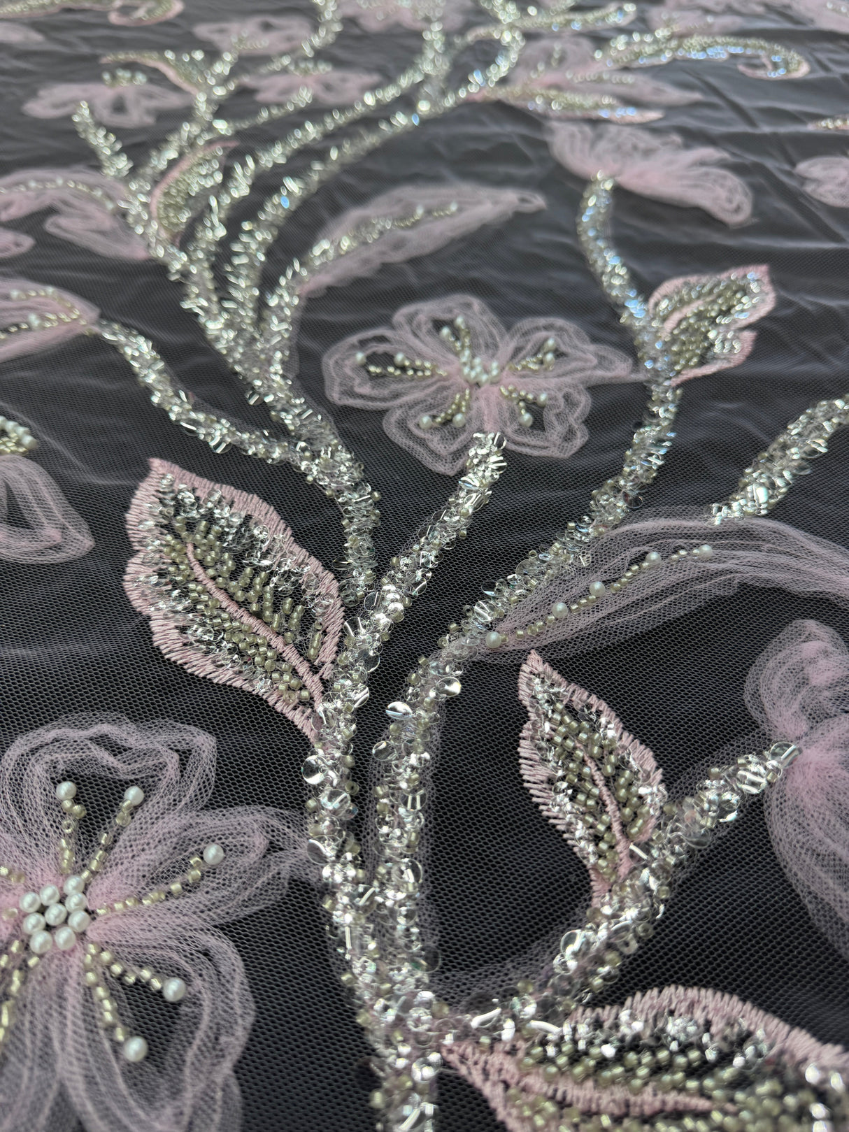 3D Floral Tulle Beaded Lace Mesh Baby Pink