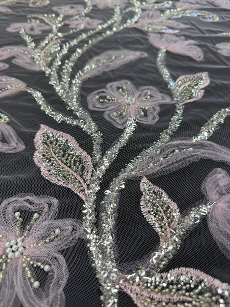 3D Floral Tulle Beaded Lace Mesh Baby Pink