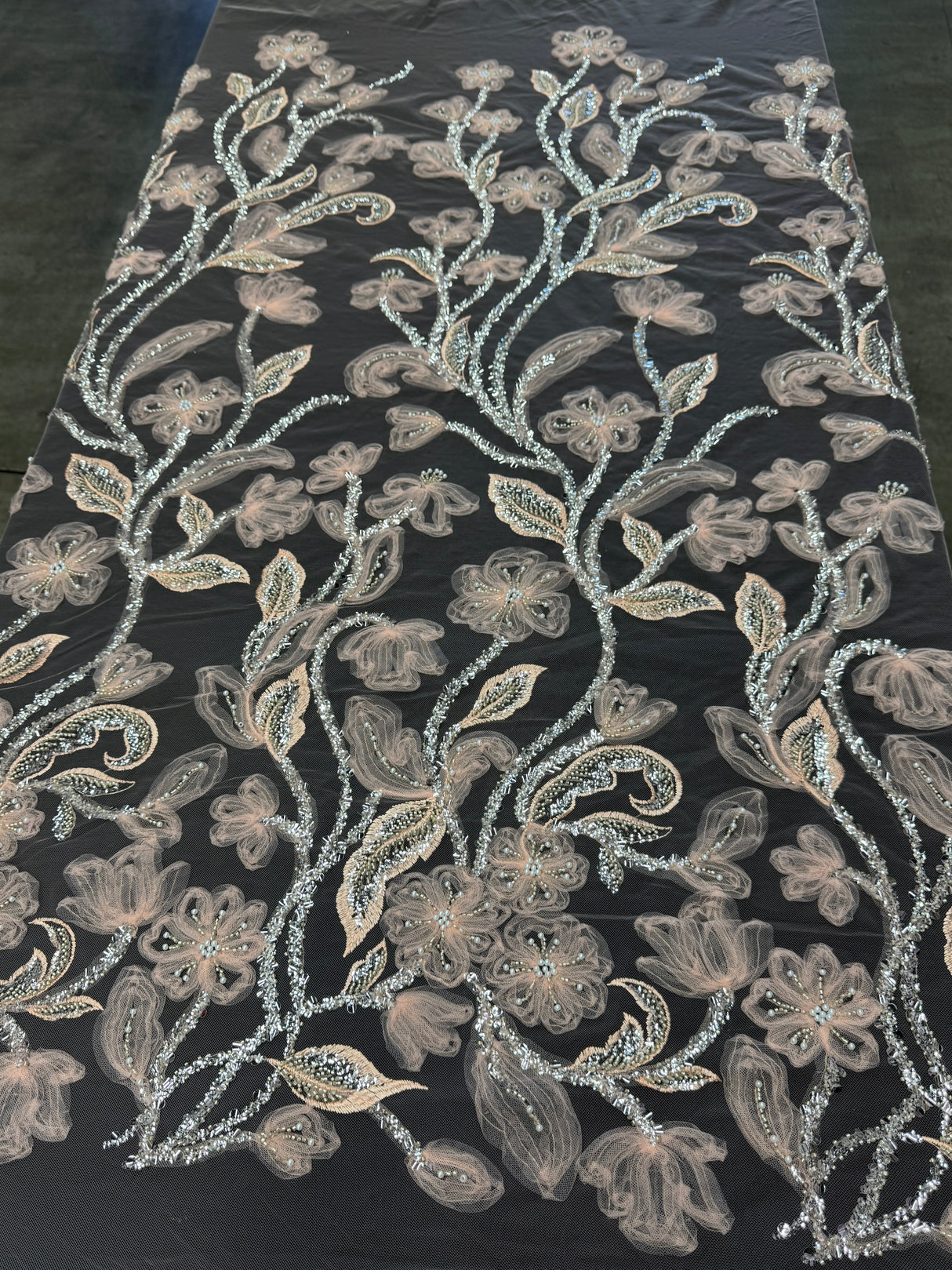 Peach 3D Floral Tulle Beaded Lace Mesh