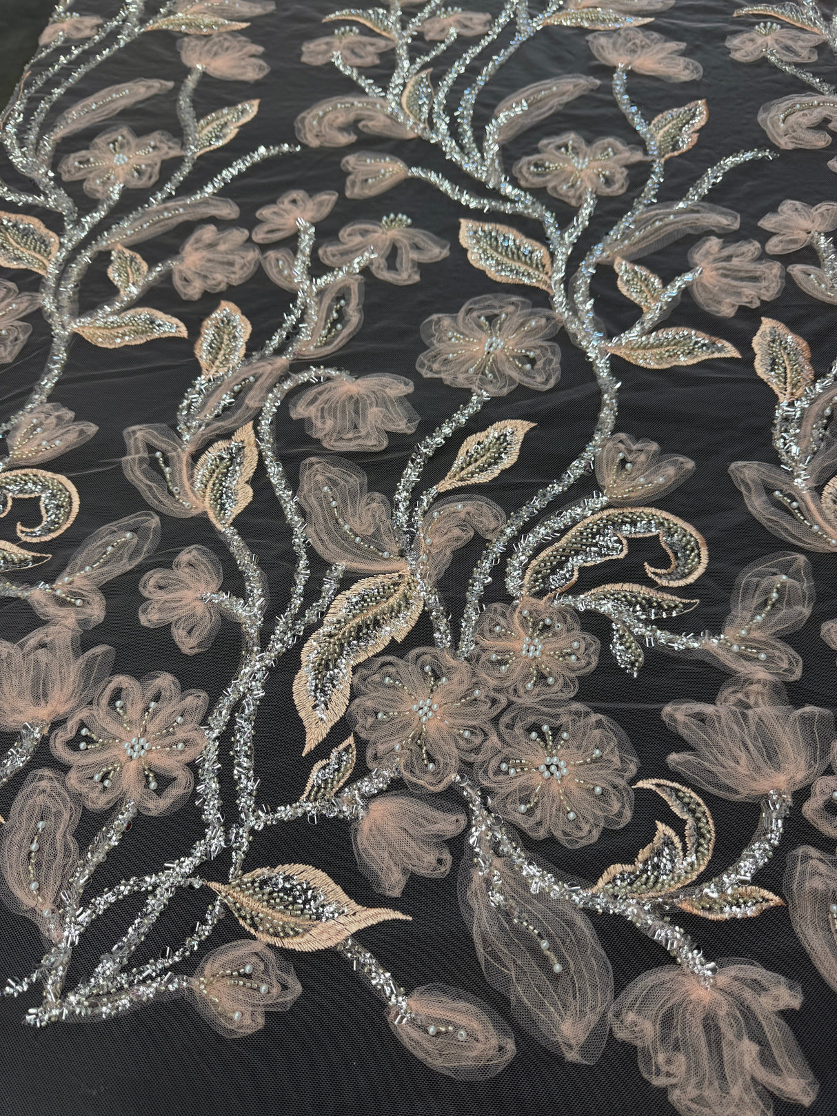 Peach 3D Floral Tulle Beaded Lace Mesh