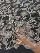 Peach 3D Floral Tulle Beaded Lace Mesh