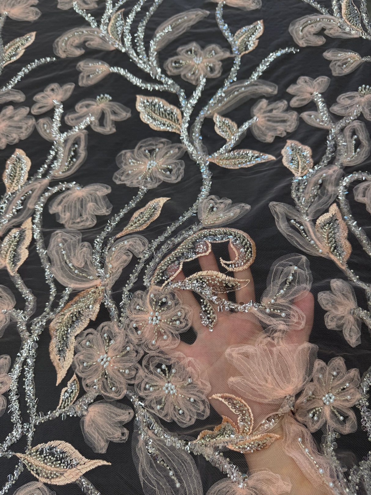 Peach 3D Floral Tulle Beaded Lace Mesh