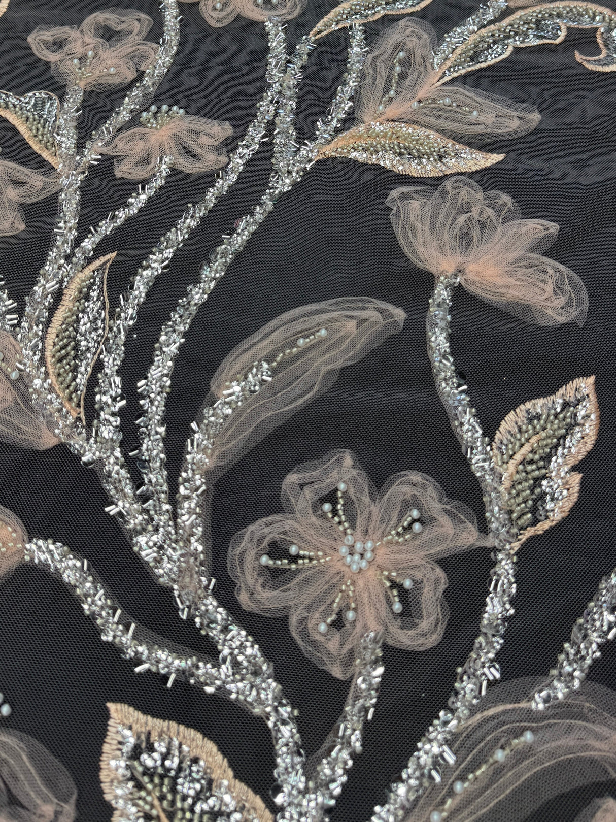 Peach 3D Floral Tulle Beaded Lace Mesh