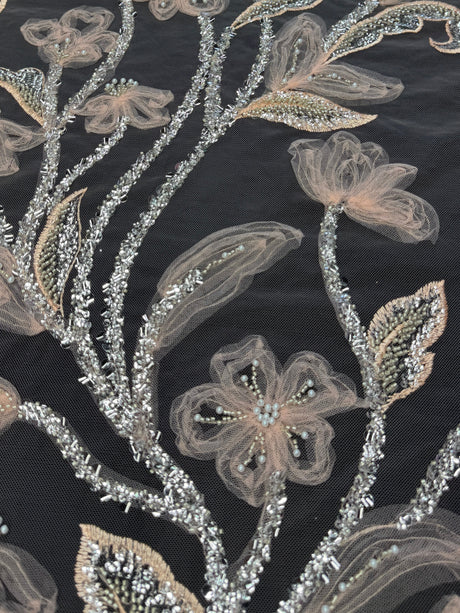 Peach 3D Floral Tulle Beaded Lace Mesh