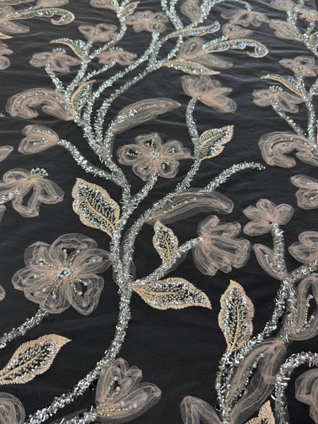 Peach 3D Floral Tulle Beaded Lace Mesh