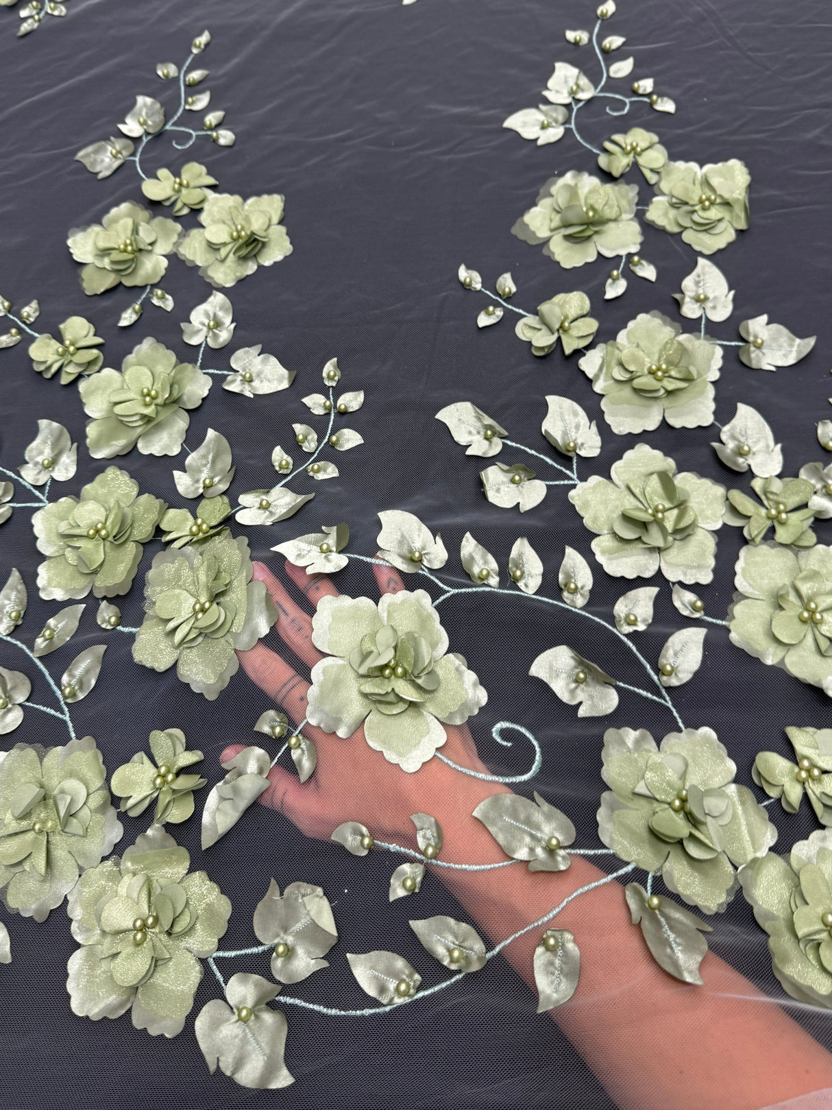3D Flower Beaded Lace Mesh Pistachio