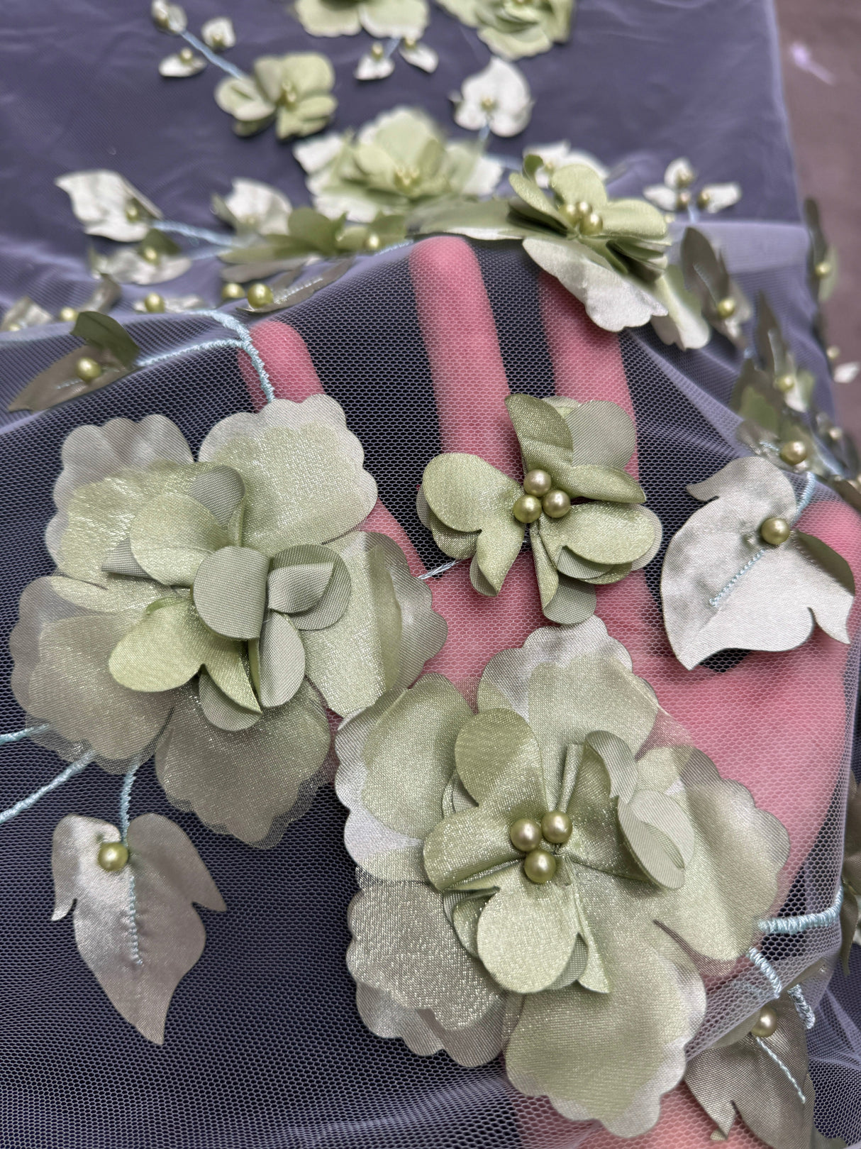 3D Flower Beaded Lace Mesh Pistachio