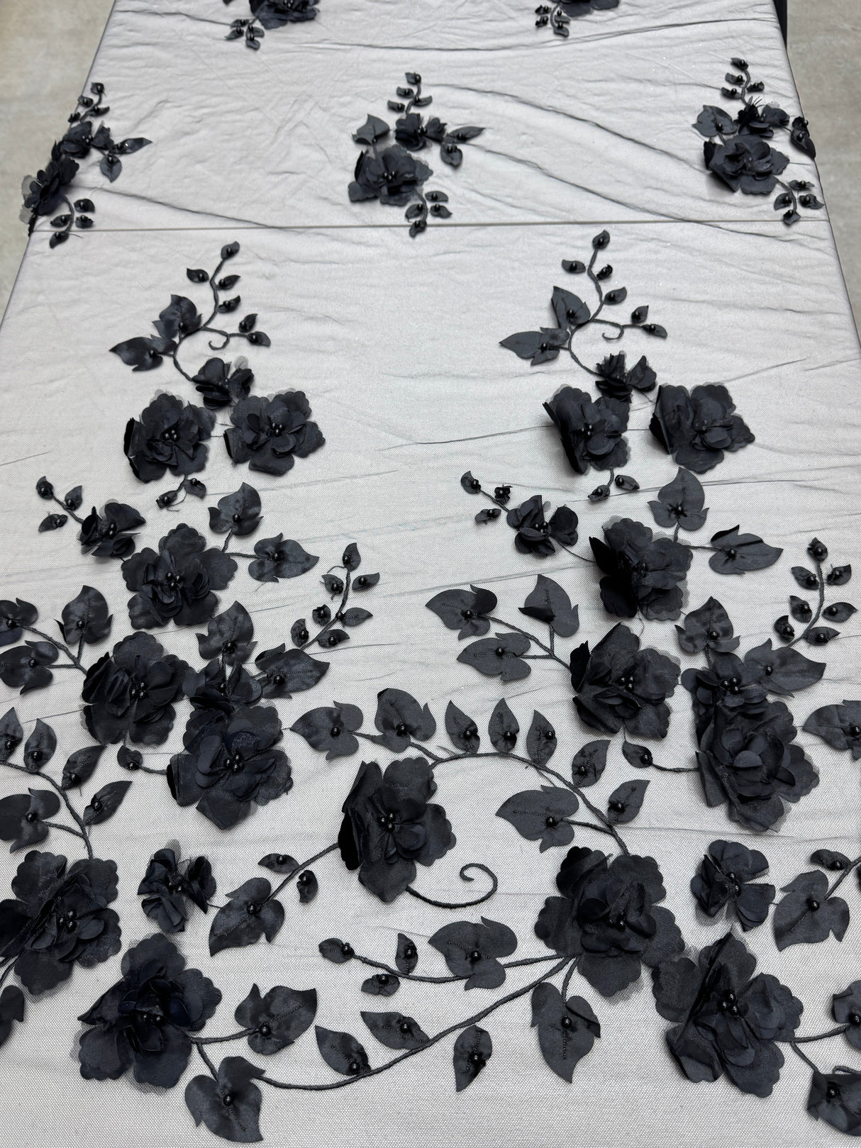 Black 3D Flower Beaded Lace Mesh