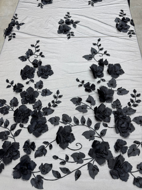 Black 3D Flower Beaded Lace Mesh