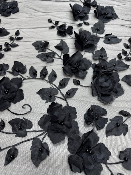 Black 3D Flower Beaded Lace Mesh