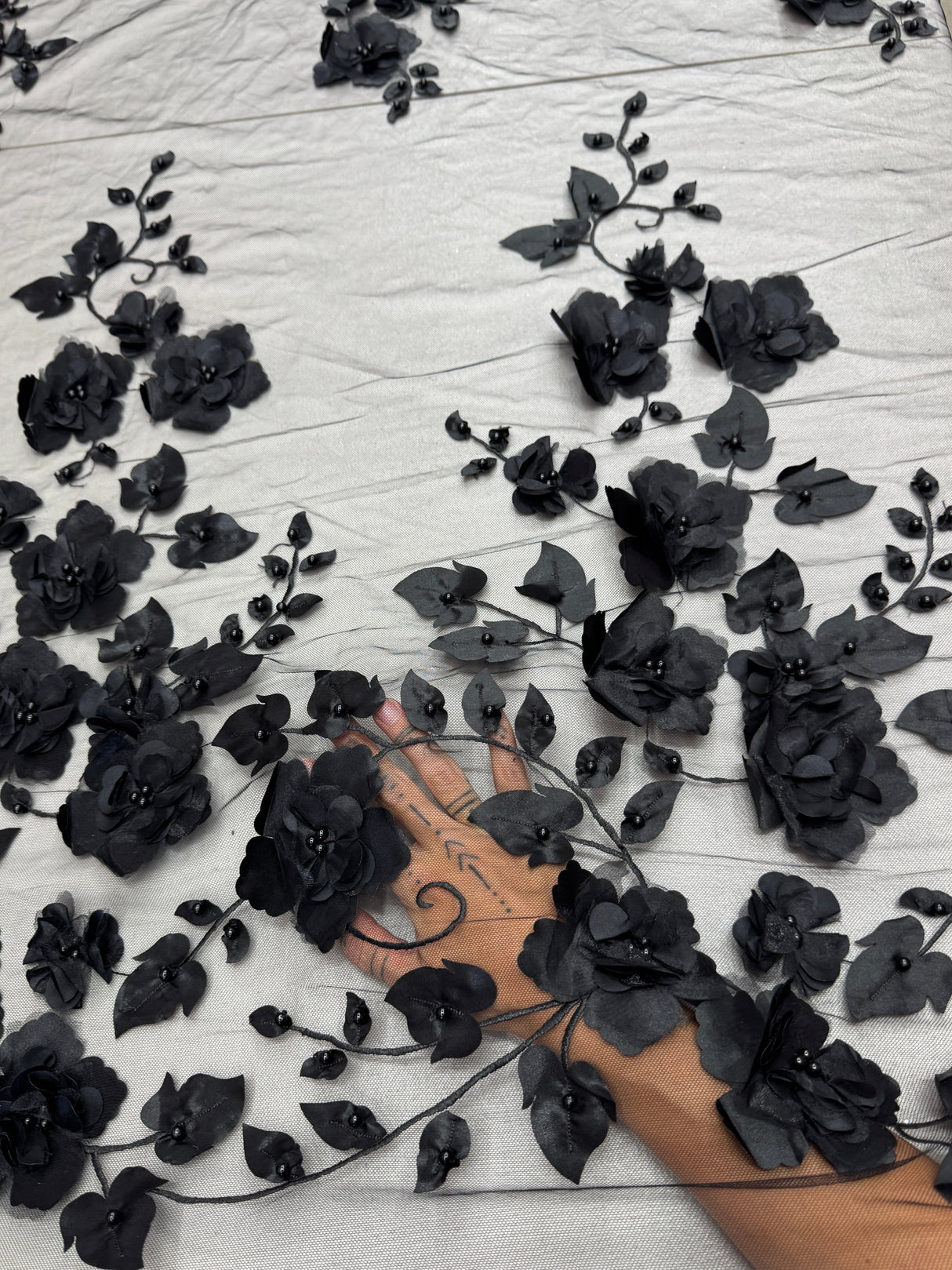 Black 3D Flower Beaded Lace Mesh