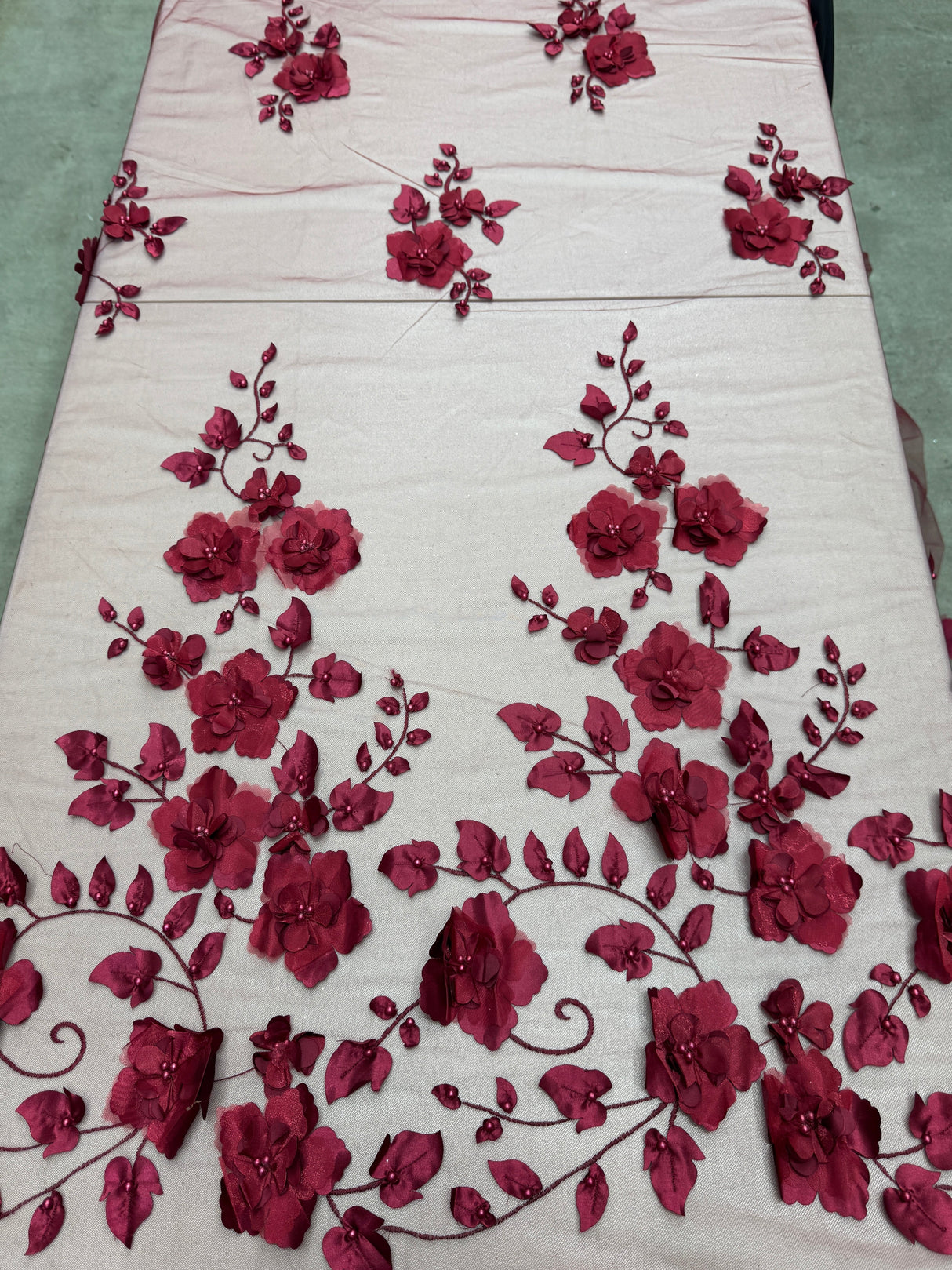 Beaded Lace Mesh Burgundy 3D Flower
