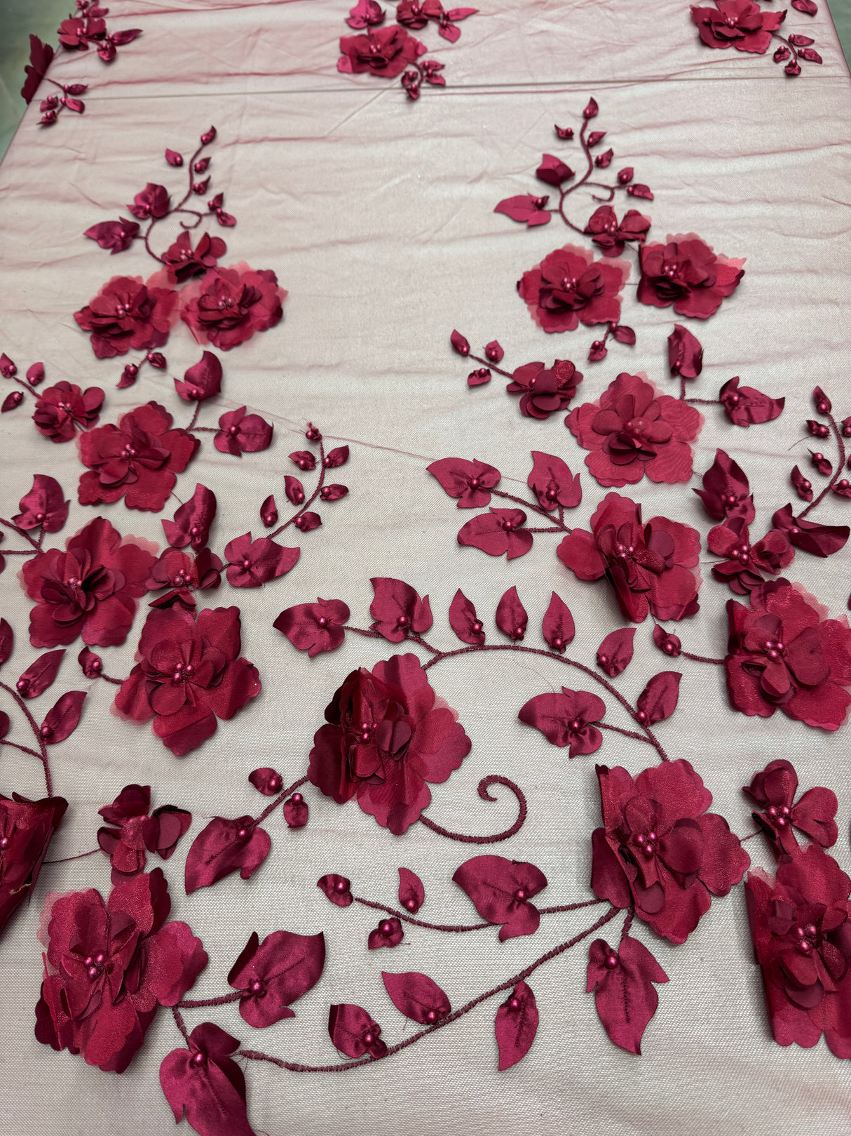 Beaded Lace Mesh Burgundy 3D Flower