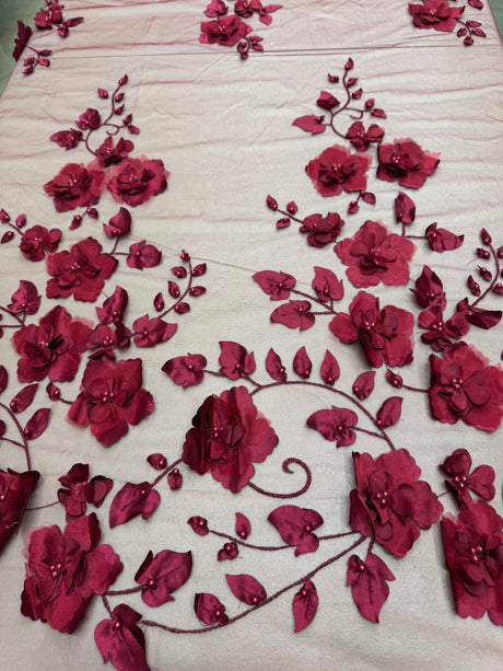 Beaded Lace Mesh Burgundy 3D Flower