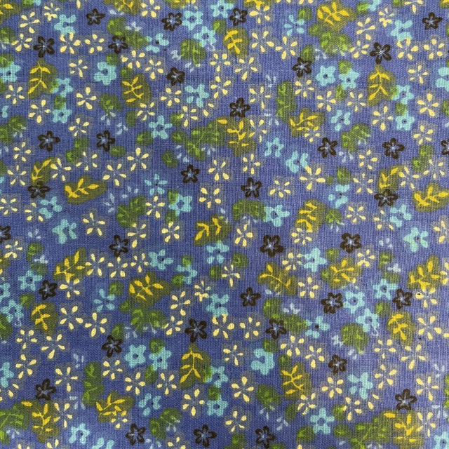 Yellow Green Mini Flower on Blue Poly Cotton Fabric,