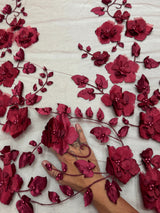 Beaded Lace Mesh Burgundy 3D Flower