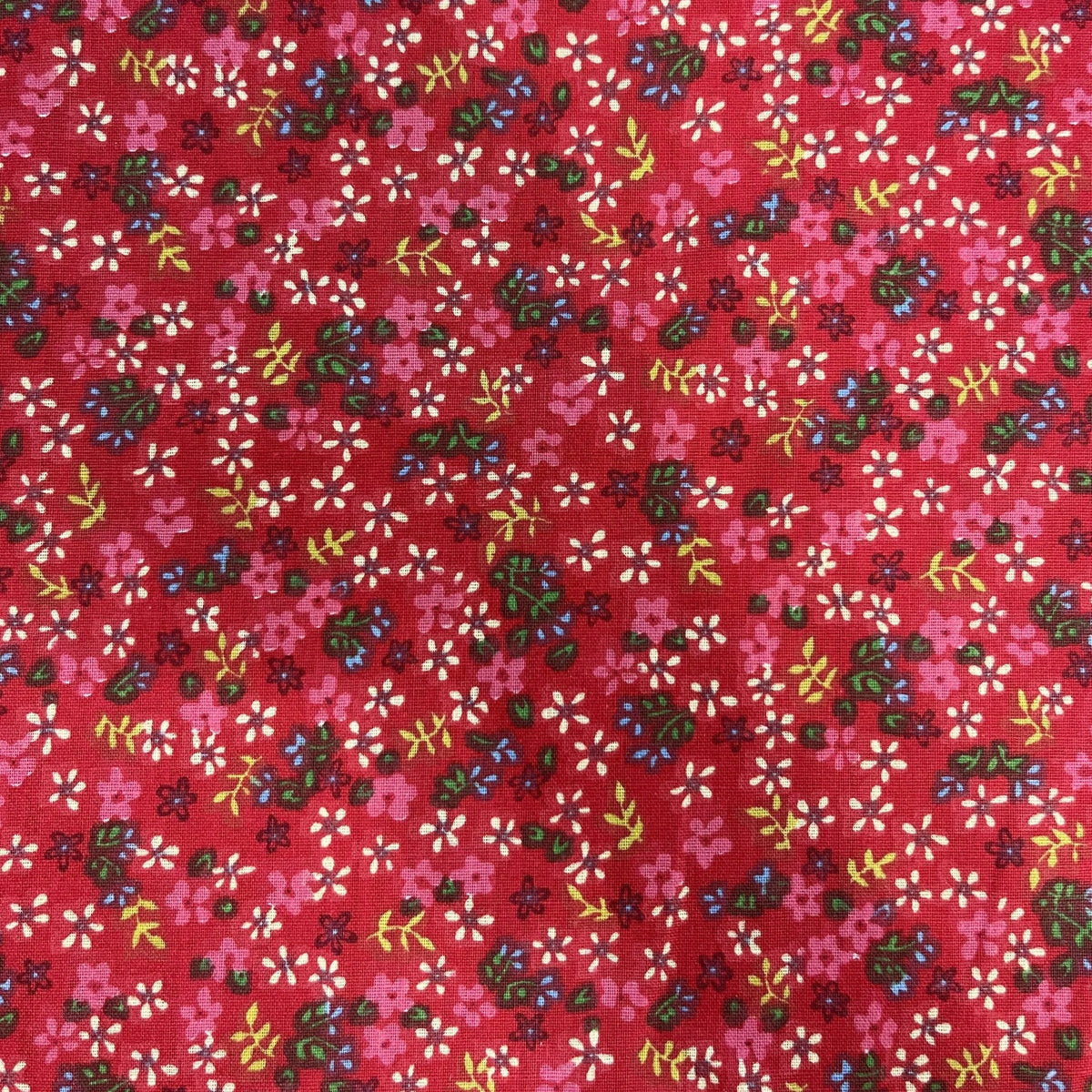 Yellow Blue Green Mini Flower on Red Poly Cotton Fabric