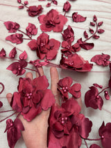 Beaded Lace Mesh Burgundy 3D Flower