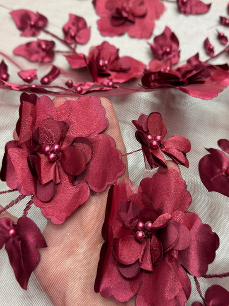 Beaded Lace Mesh Burgundy 3D Flower