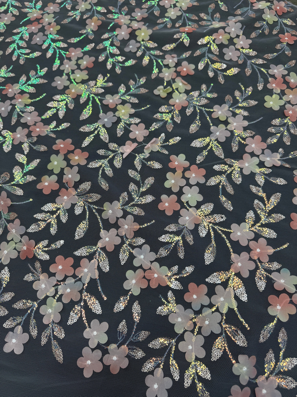 3D Floral Embroidered Tulle Peach Multicolor