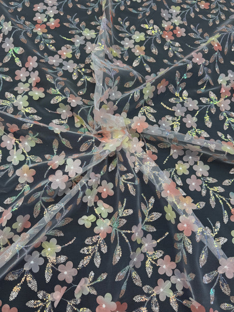 3D Floral Embroidered Tulle Peach Multicolor
