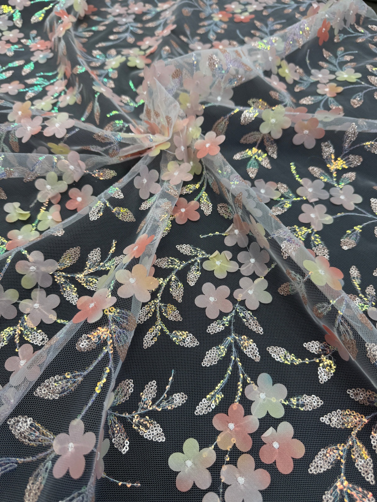 3D Floral Embroidered Tulle Peach Multicolor