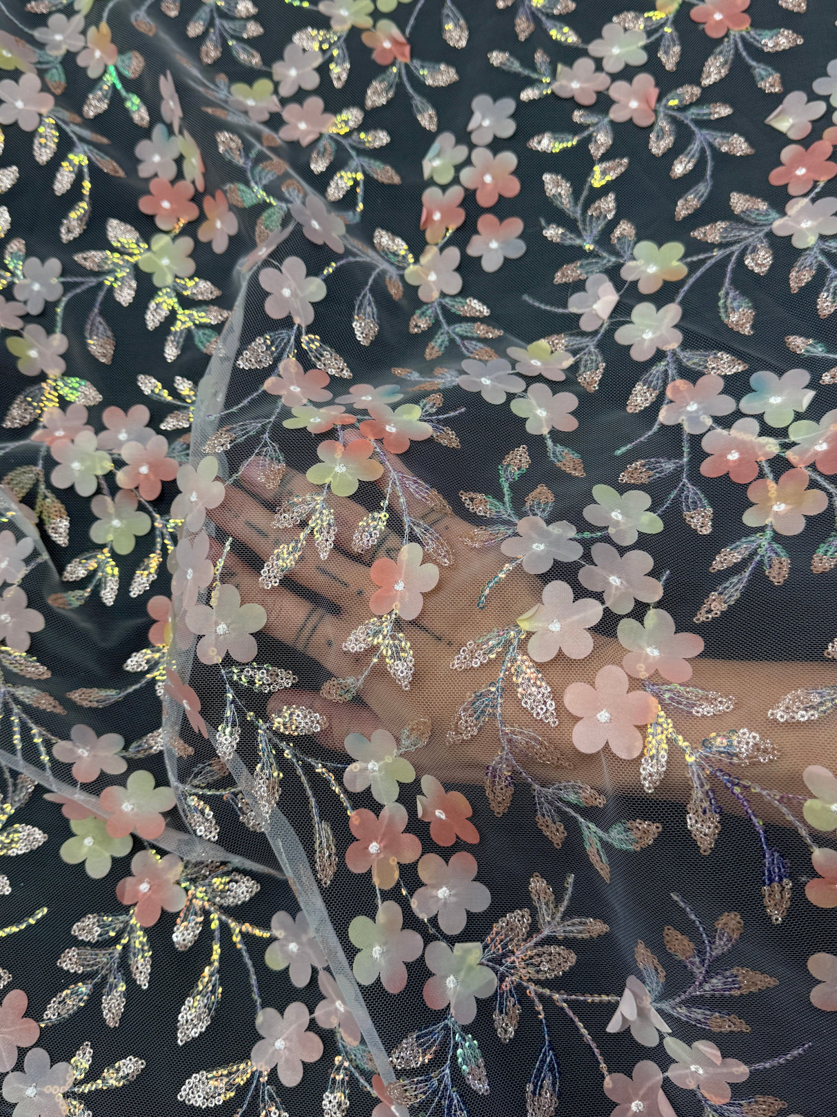 3D Floral Embroidered Tulle Peach Multicolor