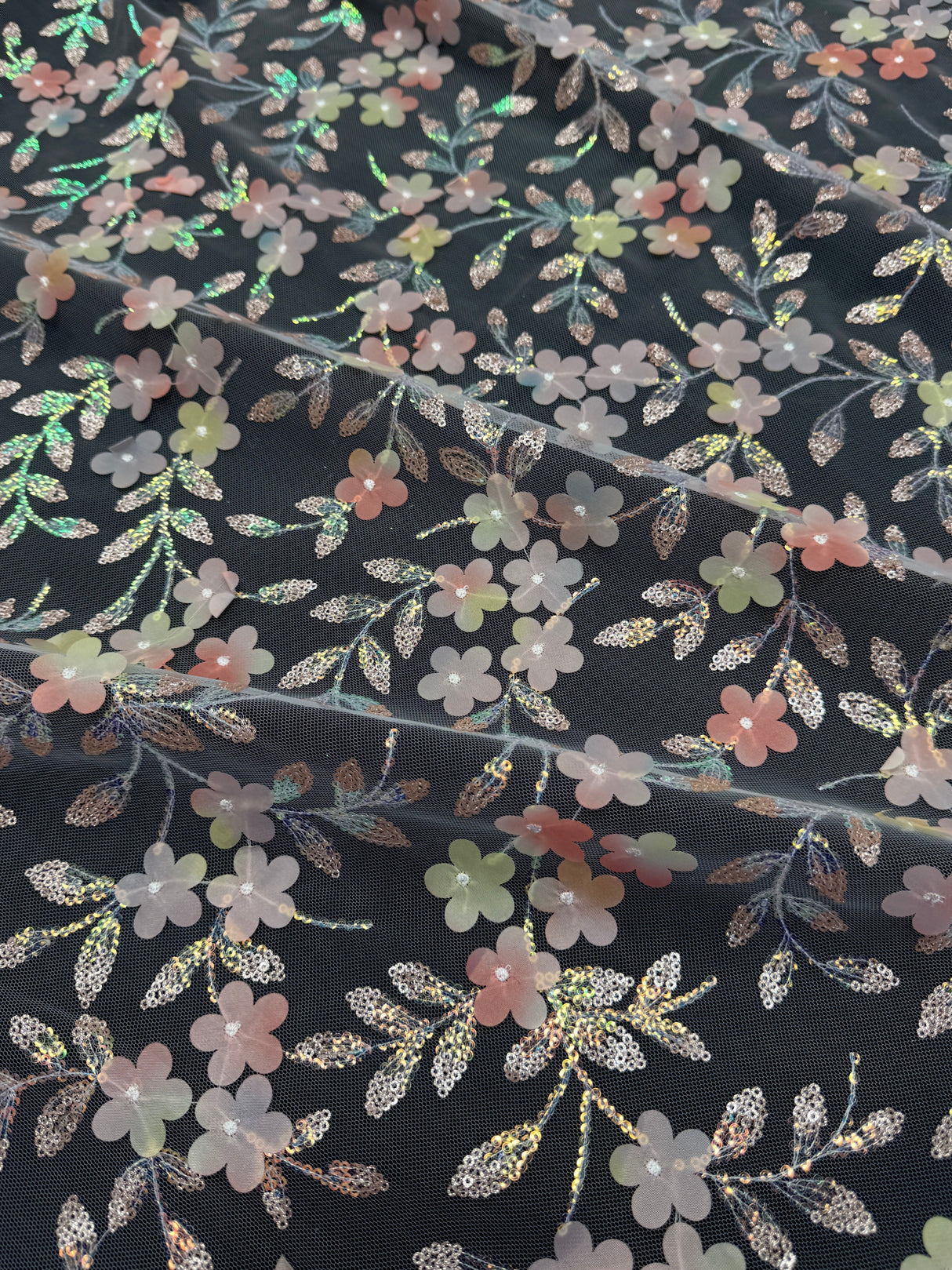 3D Floral Embroidered Tulle Peach Multicolor