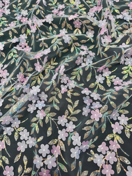 3D Floral Embroidered Tulle Baby Pink Multicolor