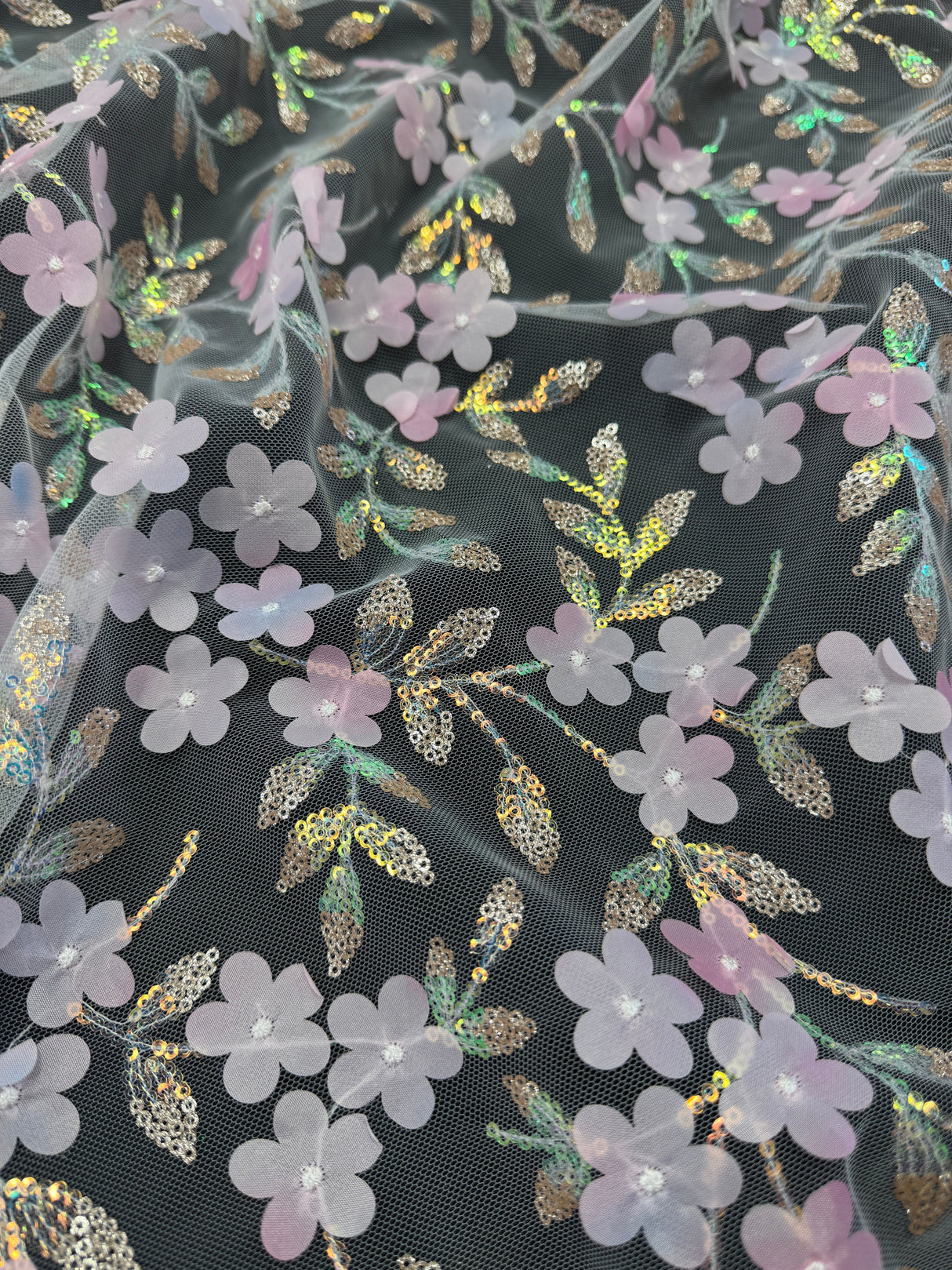 3D Floral Embroidered Tulle Baby Pink Multicolor