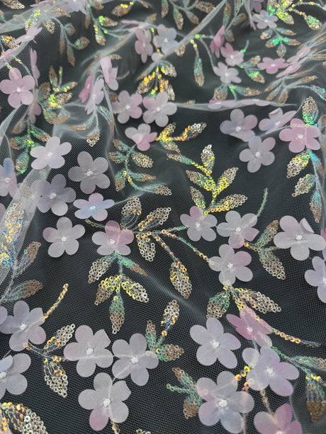 3D Floral Embroidered Tulle Baby Pink Multicolor