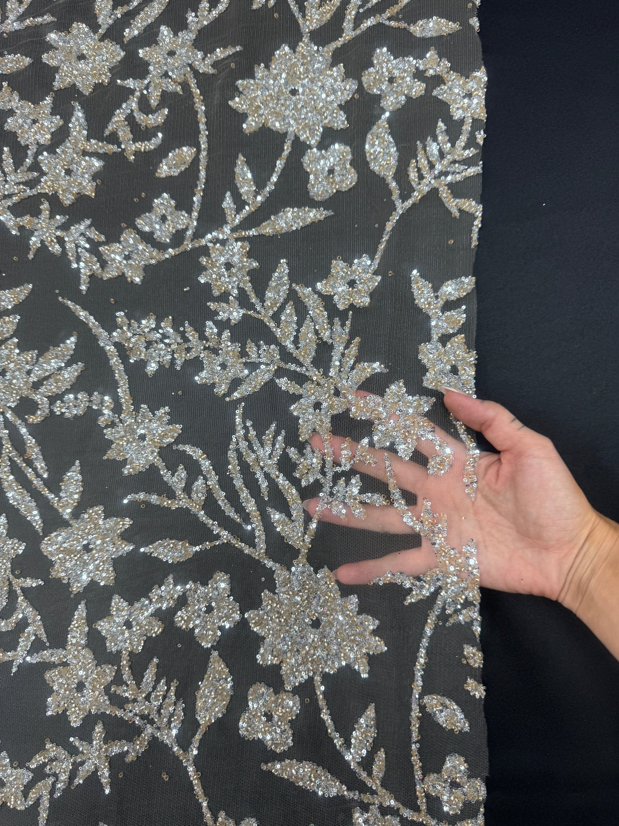 Beaded Floral Lace Silver Champagne