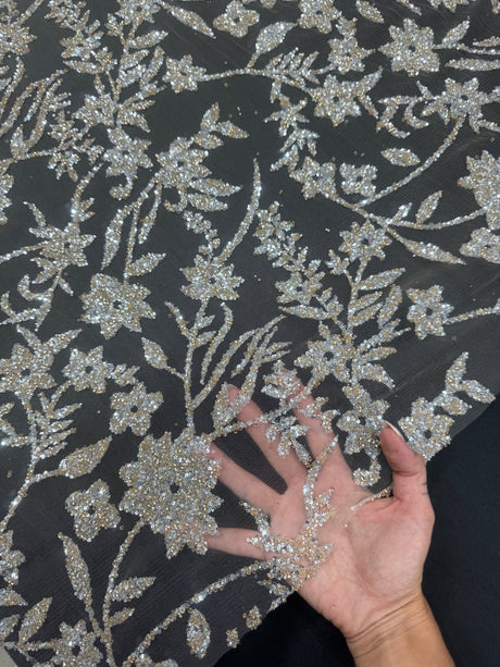 Beaded Floral Lace Silver Champagne