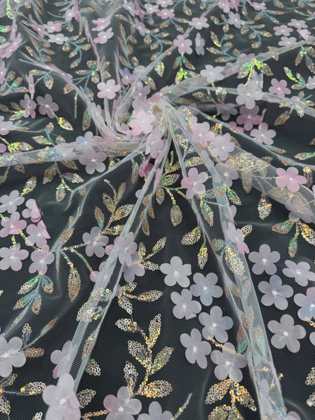 3D Floral Embroidered Tulle Baby Pink Multicolor
