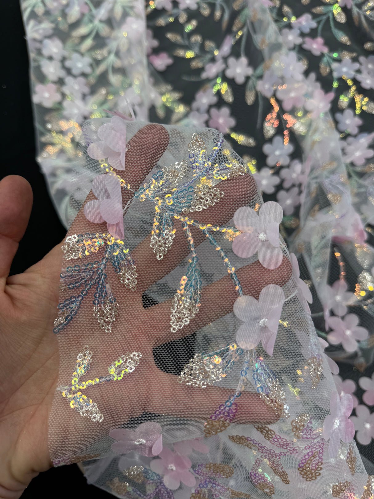 3D Floral Embroidered Tulle Baby Pink Multicolor