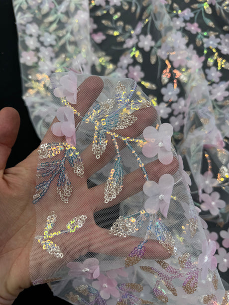 3D Floral Embroidered Tulle Baby Pink Multicolor