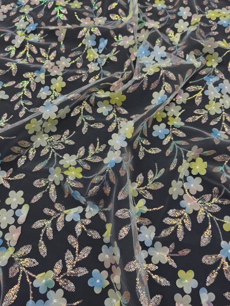 3D Floral Embroidered Tulle Blue Yellow Multicolor